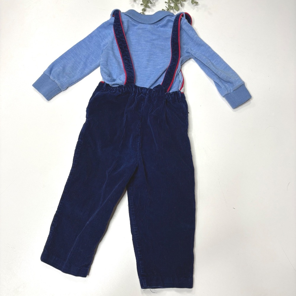 Vintage Kids 2T Corduroy Overalls‎ Set Navy Blue Skiing Applique Mock Neck Shirt - Picture 4 of 6